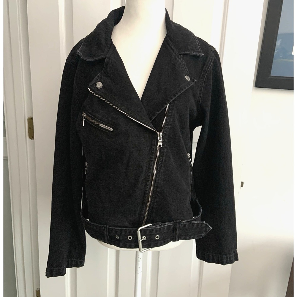 GAP 1969 Womens XL Black Denim Moto Biker Jacket Belted Asymmetrical Zip
